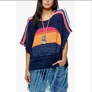 Free People Sunset Fringe Poncho Sweater Top Orange Pink Blue Medium/Large